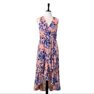 Eliza J Pink Blue Floral Hi Low Flowy Wrap Maxi Dress Sleeveless Women's Size 10
